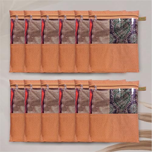 Image of JD FRESH 12 Pcs Non-Woven Saree Covers /Storage Bags with Zip Cover /Wardrobe-Cupboard Organizer /Space Saving Transparent Bag /Saree Organizer for Travelling(12 X 14 Inch /Orange)