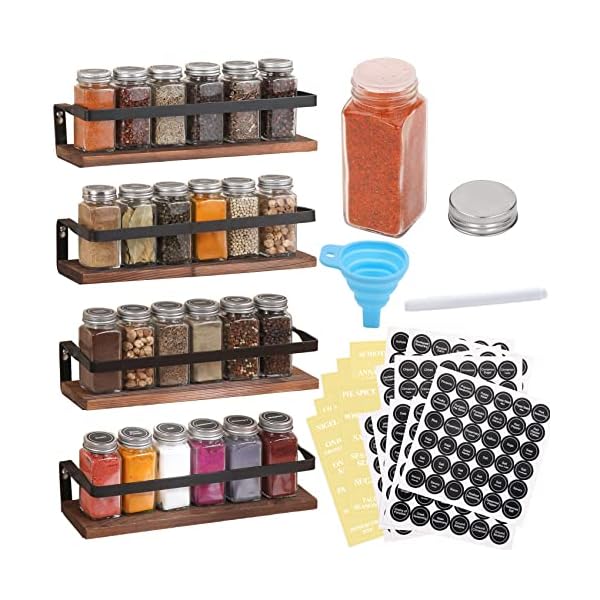 AOZITA 4 Pack Spice Rack with Jars, 25 Glass Spice Jars, Hanging Spice Rack for Cabinet, Space Saving Rustic Wood Floating Shelves - Spice Labels Chalk Marker and Silicone Collapsible Funnel Included