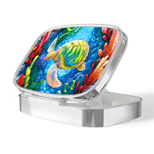 Image of Pill Box-2 Compartment Small Pill Case Portable for Pocket & Purse Single Pill Carrier Pill Container to Hold Vitamins Medication Fish Oil and Supplements BPA-Free(Sea Turtle)