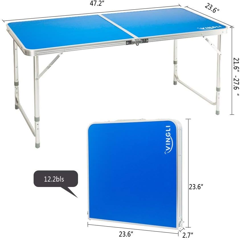 VINGLI 4ft Portable Folding Table with 2 Adjustable Height, Beach Tables for Sand Foldable Lightweight Fold Up Camping Picnic Party BBQ Desk