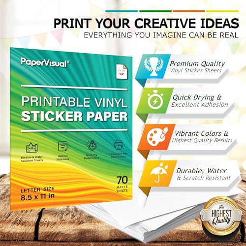 Image of Premium Printable Vinyl Sticker Paper for Inkjet and Laser Printer - 70 White Matte Sticker Paper Waterproof - Excellent Adhesion Paper 8.5 x 11, Fast Dry, Holds Ink Well, Great for Cutting Machines