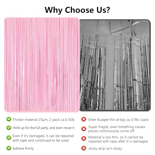 Image of Thicken Pastel Pink Party Backdrop 2 Pack 3.3x6.6 ft, Baby Pink Tinsel Foil Fringe Streamers for Baby Shower, Birthday, Princess, Tea, Valentines, Bow Themed Party Decorations