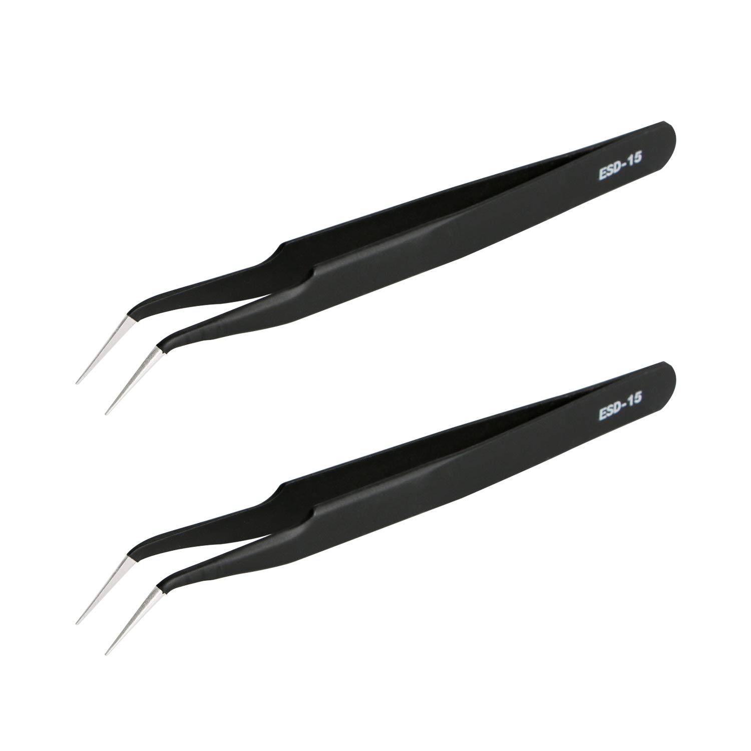 Aoje-Link ESD-15 Professional Anti-Static Precision Technology Tweezers, Non-magnetic Fine Tip Curved, Stainless Steel Plastic Coated, Full Length