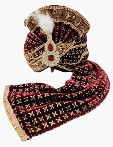 Image of BookMyCostume Dulha & Royal Wedding Turban Collection - Premium Silk, Velvet, Zari Work Safa with Kalgi & Brooch - Traditional Indian Dulha Pagdi /Sehra Perfect for Weddings & Role Plays for Men & Kids