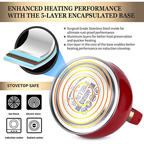 SUSTEAS Red Stove Top Whistling Tea Kettle-Surgical Stainless Steel Teakettle Teapot with Cool Toch Ergonomic Handle,1 Free Silicone Pinch Mitt Included，2.64 Quart - Thumbnail 3