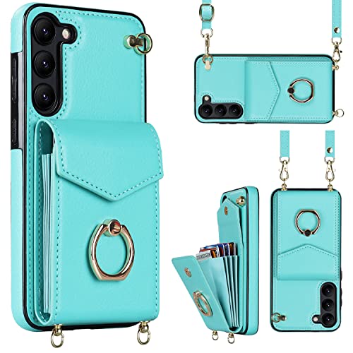 Coque Samsung S24 Plus chic bleue étui portefeuille à anneau élégant haut de gamme