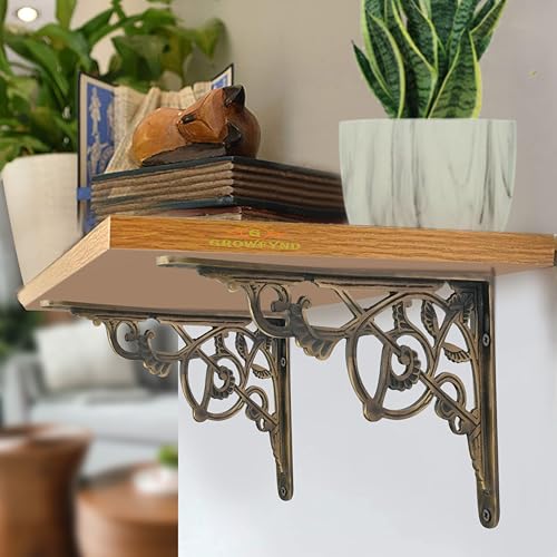 Image of Metal Handcrafted Shelf Bracket for Floating Shelves L Angle Decorative L Shaped Corner Brace Joint Heavy Duty Wall Mounted Shelf Supporter Corner Brace Holder (Pack of 2, Antique)