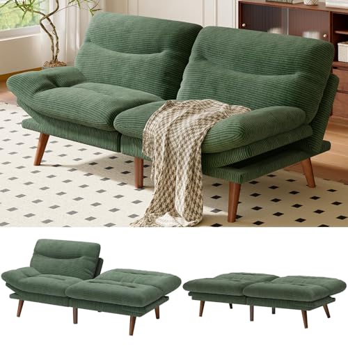 Image of AMADA 66 inchConvertible Futon Sofa Bed, Corduroy Folding Futon Set with Adjustable Backrest &Armrests, Recliner Lounge for Living Room, Apartment or Office, Solid Wood Frame, Loveseat Sofa -Forest Green