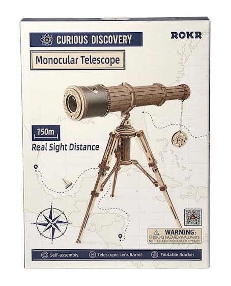 Robotime Rokr Astronomical Bezel Wooden Telescope Monocular DIY Gift for Adults and Older Children Crafters and Hobbyists Brown 150m Vision Range - Image 2