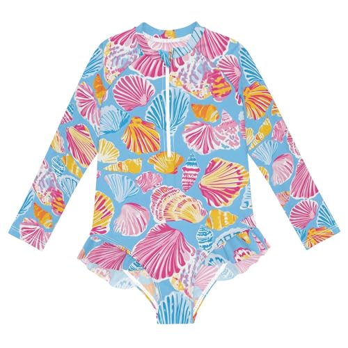 ALAZA Toddler Swimsuit Girl Bathing Suit Swimwear Rash Guard Yellow Cute Shell Long Sleeve 3T