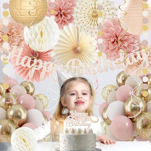Image of Boho-Pink Birthday Decorations, Happy Banner, Women Paper Lanterns Honeycomb, One Sweet Peach Streamers Garland, Retro Blush Pink Beige Metallic Gold Balloon for Birthdays Party Decor