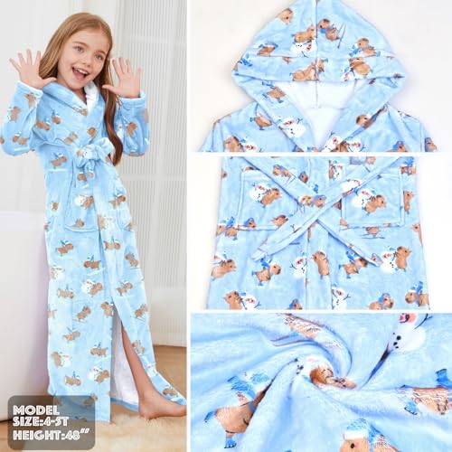 Image of Jxstar Girls Bathrobes Kids Long Hooded Robes Plush Full Length Coral Fleece Pajamas Sleepwear