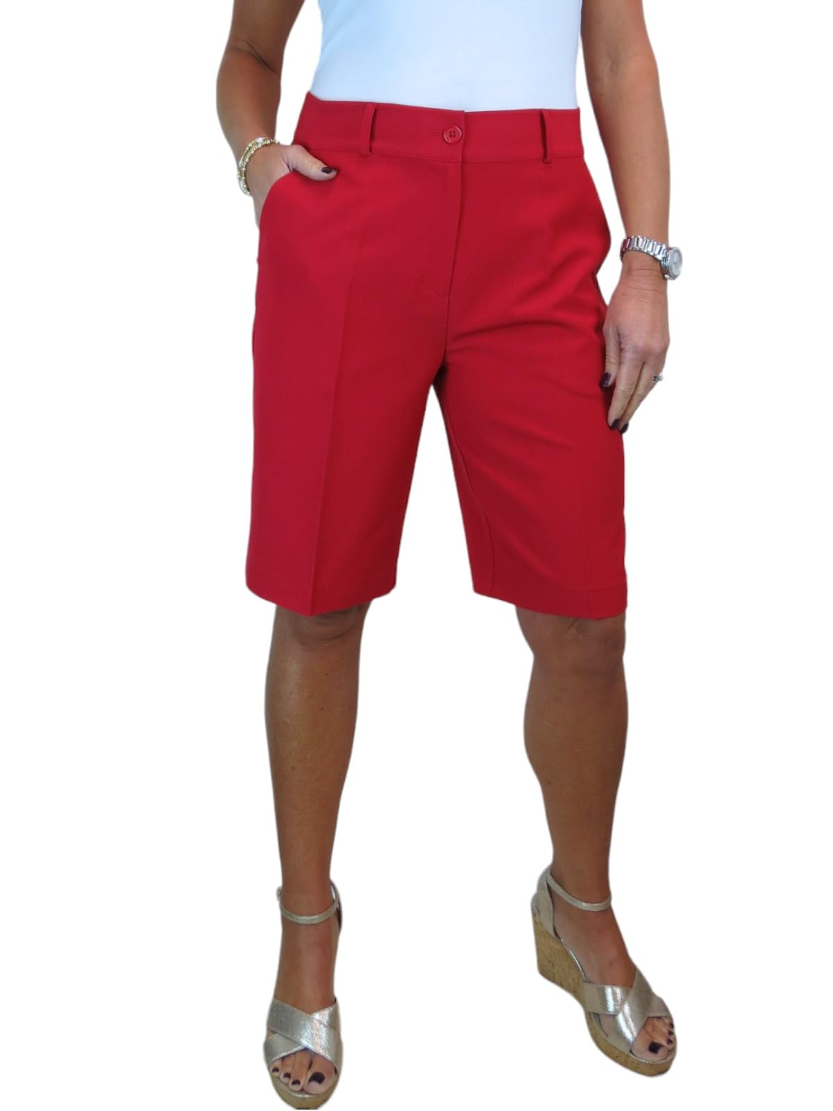 Ladies Smart Tailored Knee Length Bermuda Shorts Red 8-22 (22)