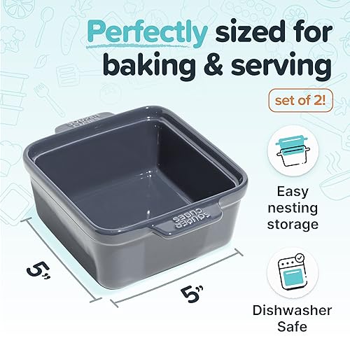 Image of Souper Cubes Stoneware - 5 inch x 5 inch Small Ceramic Baking Dish Set with Silicone Covers - Small Casserole Dishes for Oven - Kitchen and Bakeware Essentials - Set of 2 - Charcoal Mini Baking Dishes