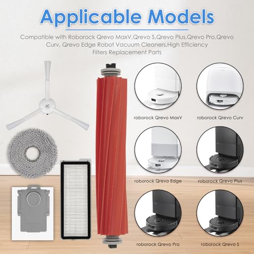 Image of (13 Pack) QRevo S Replacement Parts Compatible with Roborock Qrevo S, Qrevo Pro, Qrevo MaxV, QRevo Plus Robot Vacuum, 1 Roller Brush, 4 White Side Brushes, 3 Dust Bags, 3 HEPA Filters, 2 Mop Pads