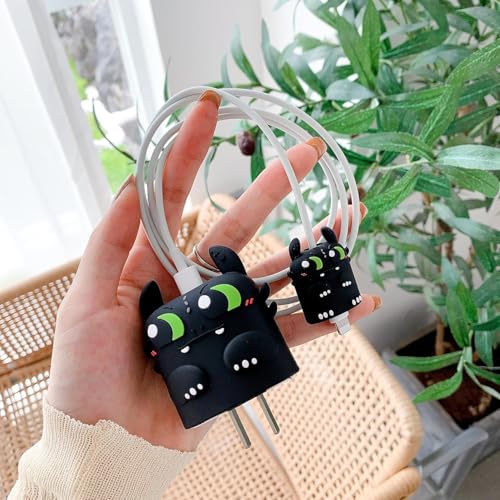 Image of INEFABLE Charger Case Cover Protector with 3D Cute Pattern for iPhone Charger only 18W & 20W, Data Charging Cable Wire Saver Protective Cable Cover Full Protection - Set Of 1 (Black Dragon)