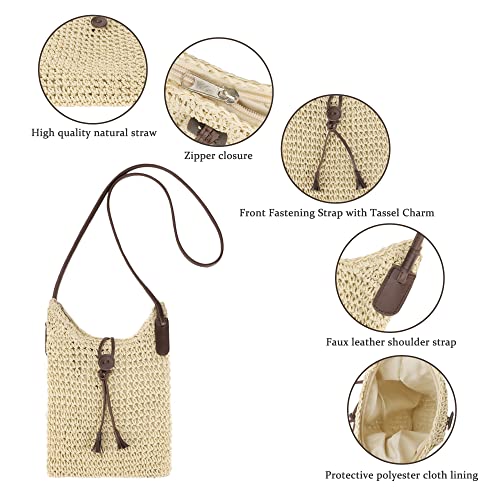 Womens Small Straw Crossbody Bag Handwoven Beach Shoulder Bag Handbag Purse with Tassel for Summer (Beige)2