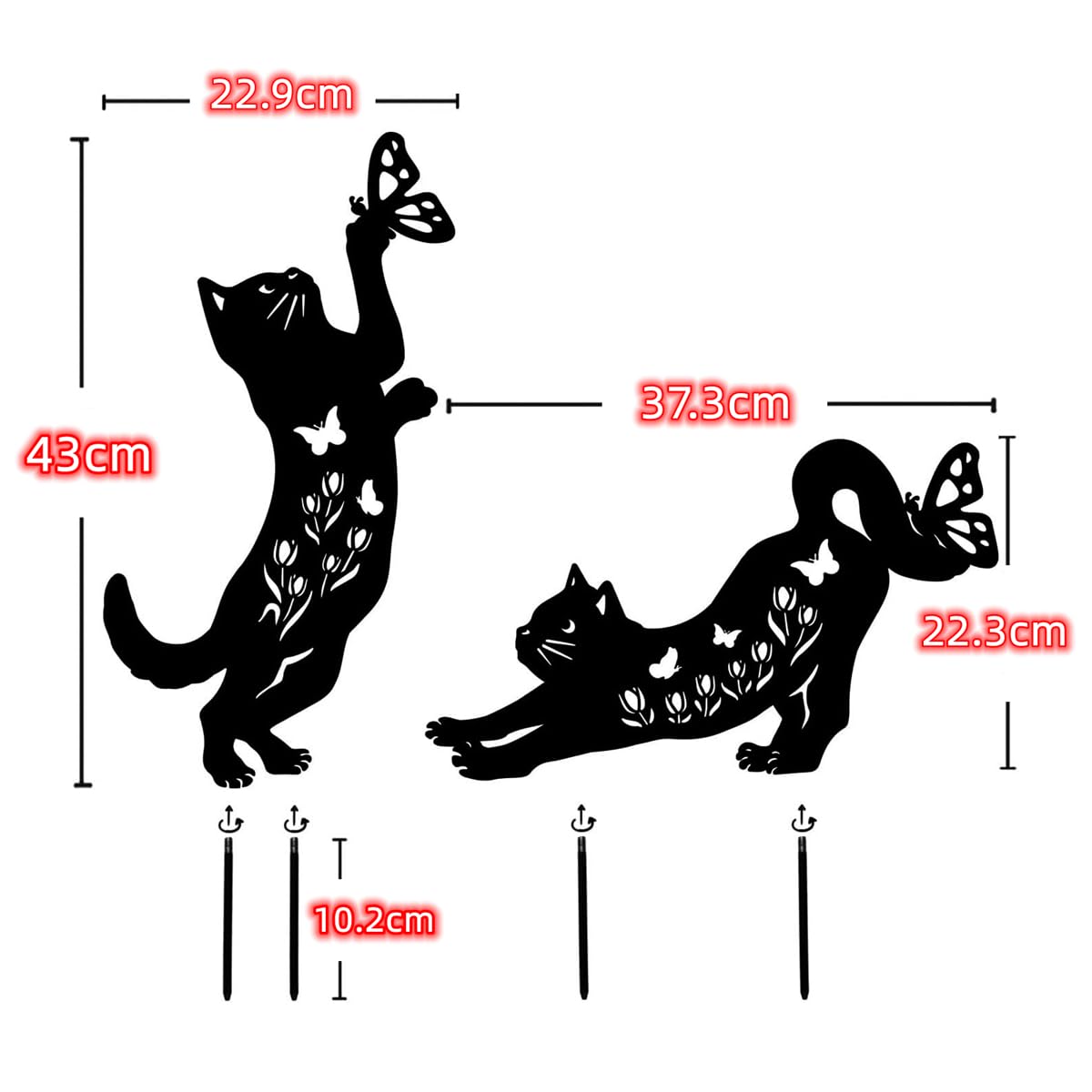 Lot De 2 Statues Chats De Jardin En Métal Sur Piquet - Décoration Extérieure Antirouille