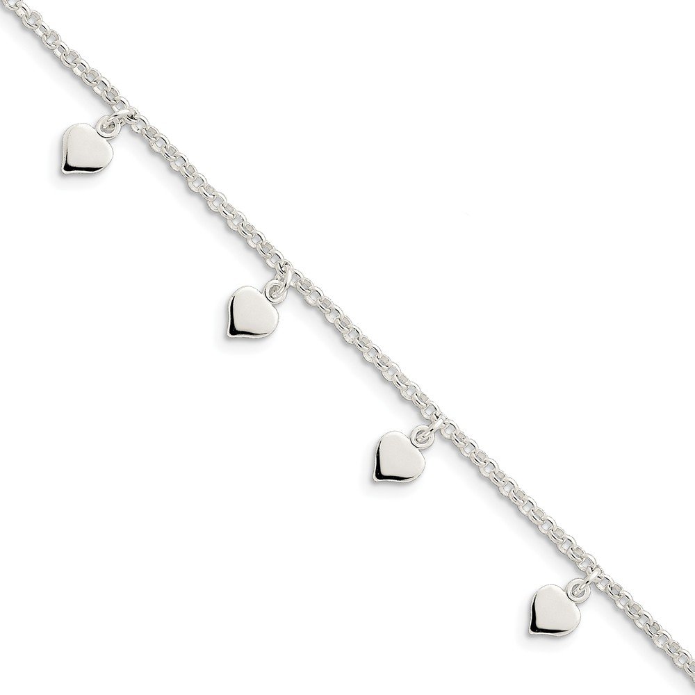 Black Bow Jewelry Sterling Silver Heart Charm Ankle Bracelet, 10 Inch