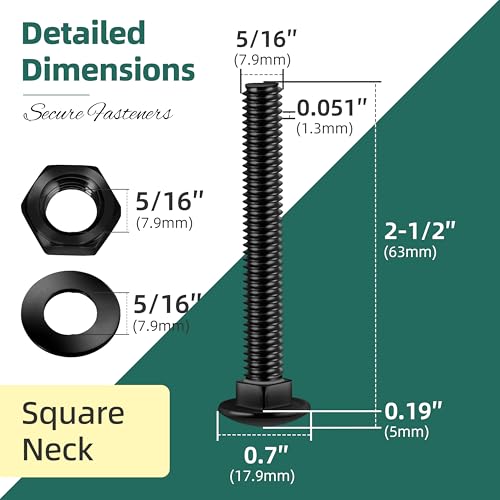 Image of (10 Sets) 5 /16-18 x 2-1 /2 Carriage Bolts with Nuts and Washers, 304 Stainless Steel Round Head Square Neck 5 /16 Carriage Bolts Screws, Full Thread Black Oxided for Outdoor