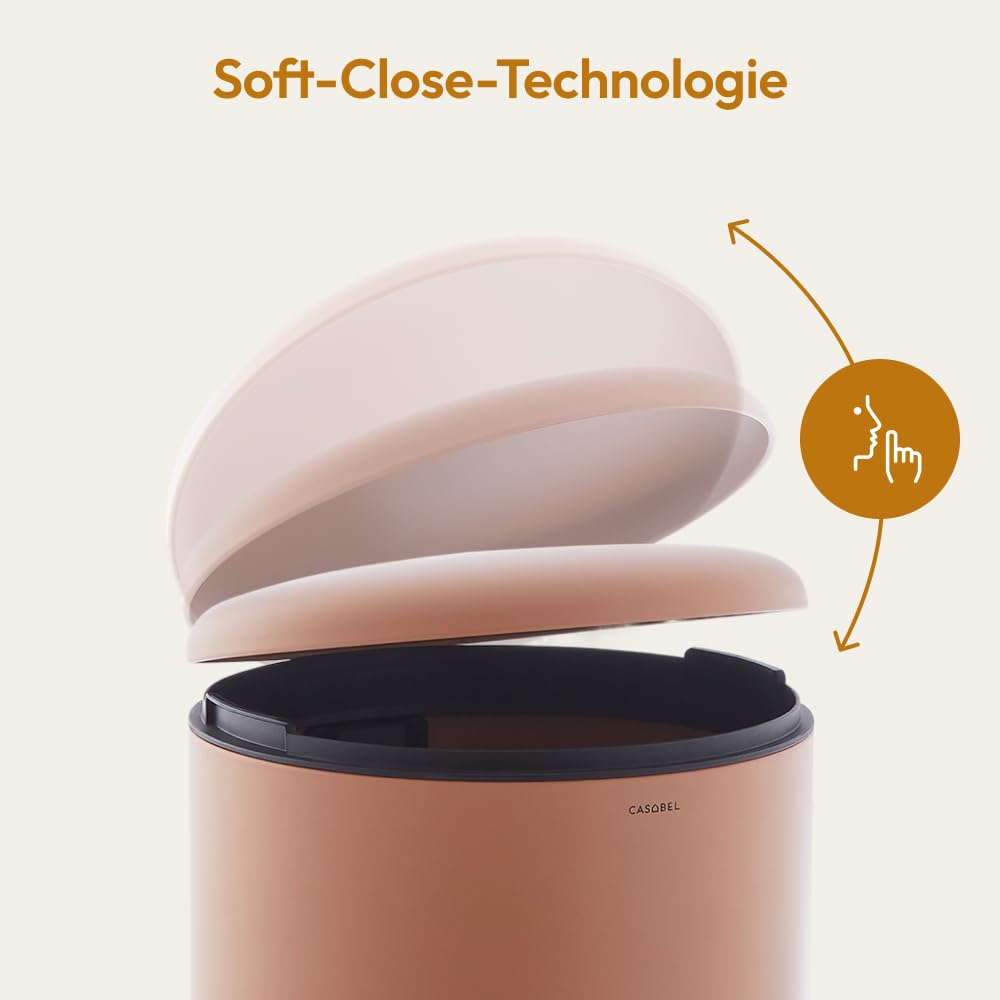CASABEL runder Küchenabfalleimer 50L, Edelstahl, Terrakotta | Pedalöffnung, Soft-Close, fingerabdruckresistenter Edelstahl, Beutelhaltering, Tragegriff, pflegeleicht