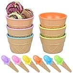 YancLife Set of 6 Ice Cream Dessert Bowls with Matching Spoons, Reusable Waffle Cup Style Sundae Bowls, Multi-Colored Tableware for Family Parties, BBQs, Picnics, Fruit Salad, Snacks