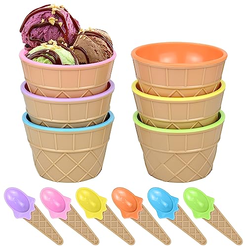 Set of 6 Ice Cream Dessert Bowls and Matching Spoons, Waffle Cup Shape Children's Bowls Set, Candy-Colored for Dessert, Salad, Fruit, Food