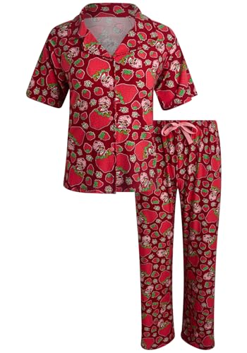 Image of COCO BRANDS Strawberry Shortcake Womens Pajama Sets - 2 Piece Soft Stretch Button Down Sleep Shirt and Pajama Pants