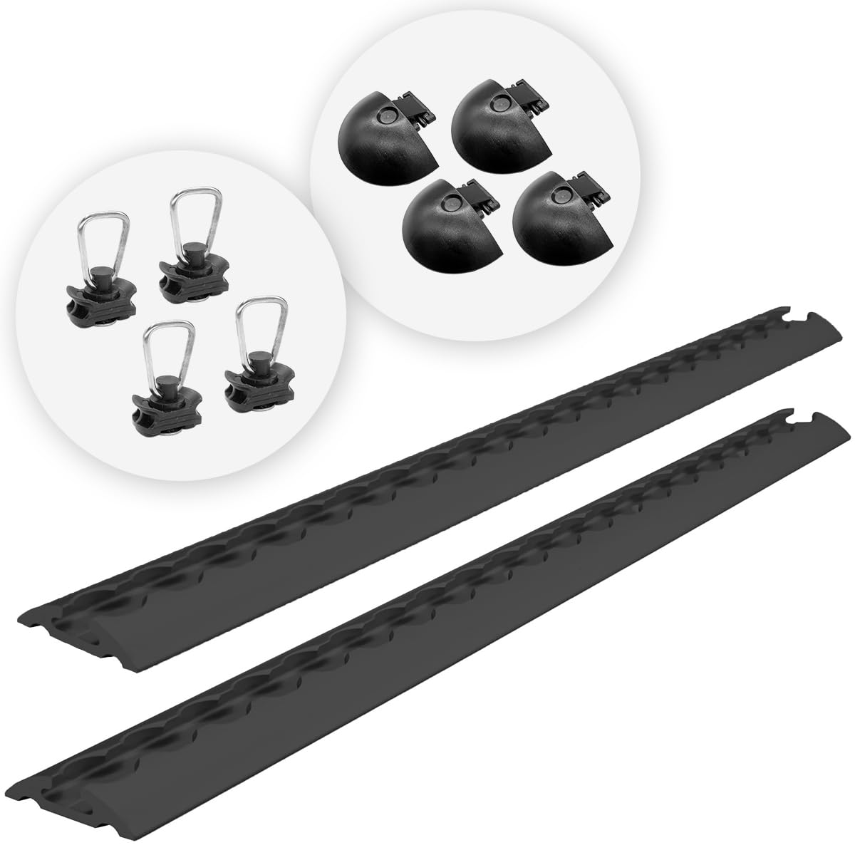 Airlineschienen mit Endkappen und Fittingen, 1.0 m, schwarz KTL-beschichtet, gebohrt, halbrund, 50 x 11,5 mm | Zurrschiene | für Transporter, Wohnwagen, Sprinter, (Starterset 1)