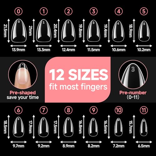 Image of UNA GELLA Short Almond Nail Tips, 504PCS Long Lasting Short Almond Soft Gel Full Cover Nails Tips False Nails Clear Acrylic Gelly Tips for Acrylic Nail Extensions Press On Nails, 12 Sizes