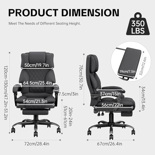 Office Chair, Ergonomic Office Chair with Footrest ＆ Wide Seat, Fabric Big and Tall Computer Chair for Adults, Adjustable Height Desk Chair, Heavy Duty Executive Recliner, 350LBS,  image 1