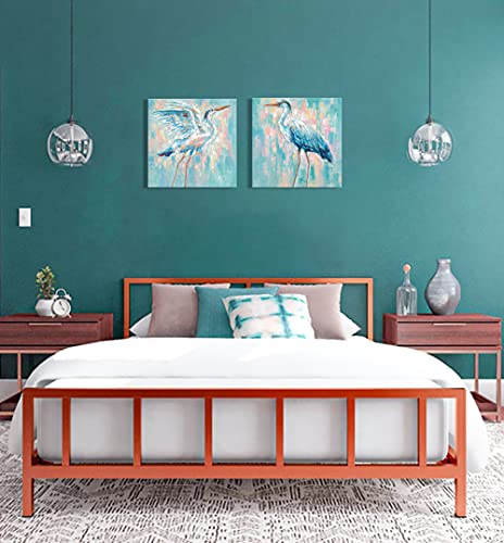 Teal Blue Heron Canvas Wall Art Beach Decor Set Of 2 Sea Birds Poster And Print Large Framed Coastal Painting Egret Pictures For Bathroom Bedroom Living Room Office Home Decoraions 20"X20"X2 Panels #TOP4