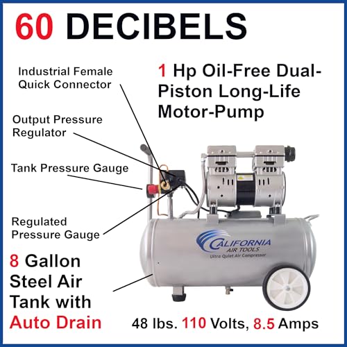 California Air Tools 8010AD 1.0 HP Ultra Quiet and Oil-Free Air Compressor, 8 Gallon Steel Tank, Lightweight with Wheels, 60 dBA Noise Level, with Automatic Drain Valve - Image 6
