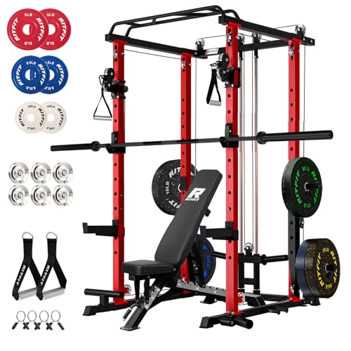 Image of RitFit Multi-Function Garage & Home Gym Package Includes 1200LBS Power Cage PPC03 /P3 with Cable Crossover System, Weight Bench, Olympic Barbell Weight Set, Full Body Workout