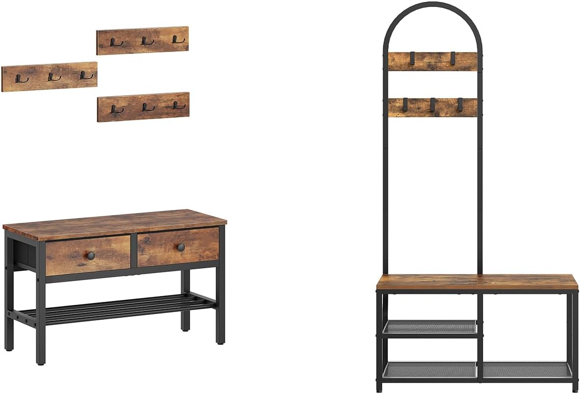Coat Rack Shoe Bench Set, 4-in-1 Hall Tree with Drawers, Hall Tree, Coat Rack with Shoe Storage, MT05BR-MT04BRY1