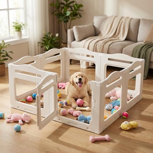 Clevich Recinto per Cani da Interno in Acrilico 129 × 129 × 60 cm, 5 PCS +1 Pannelli con Porta a Chiusura, Recinto per Cani Pieghevole con Ventose, Parco adatto per Appartamento, Bianco