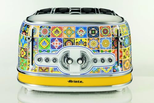 Ariete Toaster 156 Positano, Mediterranes Design, 4 Schlitze mit Separaten Bedienelementen, 6 Bräunungsstufen mit automatischem Auswurf, Krümelfach, Toast-, Aufwärm- und Auftaufunktion, 1630W