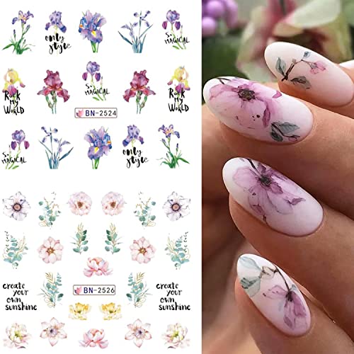 Flowers Nail Art Stickers Spring Summer Nail Water Decals Transfer Foil Lavender Tulip Rose Butterfly Letter Watercolor Flower Leaf Nail Design Sticker Manicure Diy Decoration For Women 12Pcs #TOP1