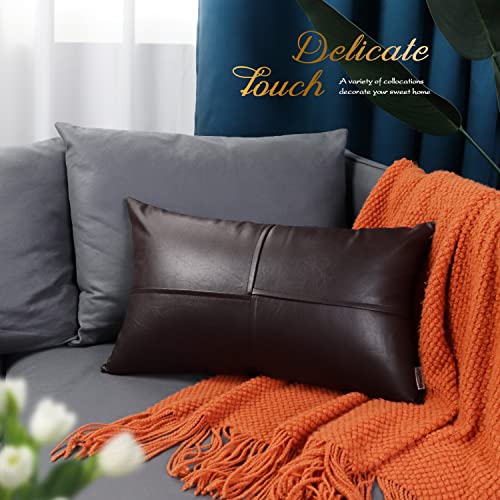 Image of BRAWARM Faux Leather Throw Pillow Covers 12 X 20 Inches, Brown Leather Lumbar Pillow Covers Pack of 2, Hand Stitched Leather Decorative Throw Pillows for Couch Sofa Bed Living Room Home Garden