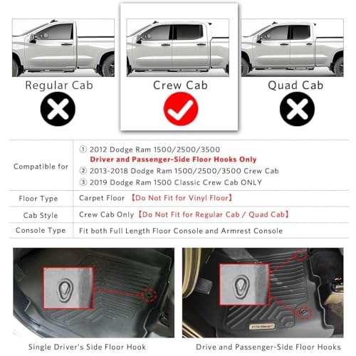 Image of YITAMOTOR Floor Mats Fit for 2013-2018 Dodge Ram 1500 /2500 /3500 Crew Cab, 2019-2024 Ram 1500 Classic Crew Cab 1st & 2nd Row All Weather Heavy Duty Floor Liners Black