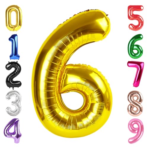Image of 40 Inch Gold Number 6 Balloon Birthday Party Decorations for Men & Women | 40 Inch Gold inflatable foil number balloons, large birthday decorations for 6th birthday