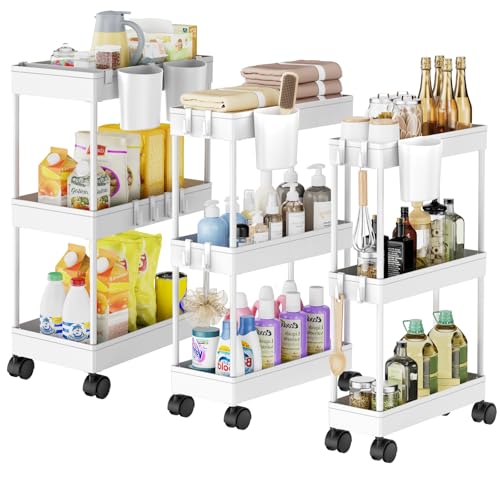 Shrivee Pack of 3 Carrito Auxiliar Baño con Ruedas 3 Niveles Ahorro de Espacio Carro Organizador con Ganchos y Tazas de Cocina Oficina (Blanco)