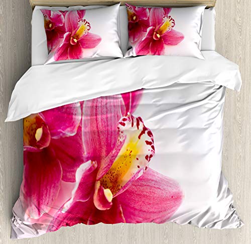 ABAKUHAUS Rosa Oscuro Funda Nórdica, Ver de Cerca Las orquídeas, Estampado Lavable 3 Piezas con 2 Fundas de Almohada, 200 x 200 cm   70 x 50 cm, Hot Pink Naranja