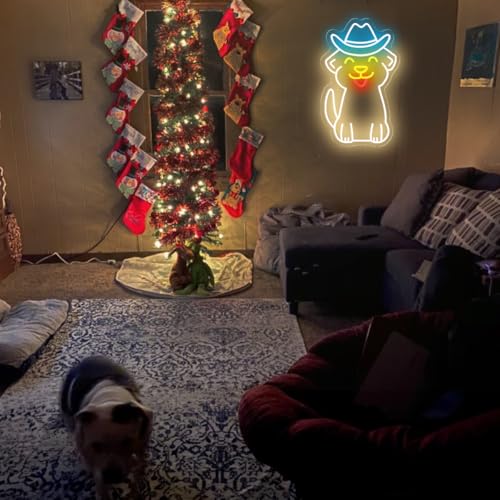 Image of Cowboy Hat Dog Neon Sign, Dimmable LED Neon Sign for Wall, Dog USB Neon Light Up Signs for Bedroom, Beauty Bar, Cowboys Gifts for Women, Ice Blue, Lemon Yellow, Warm White, Red, 9.8X15.7 IN