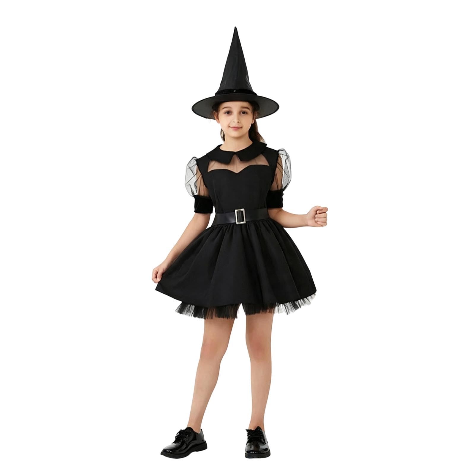 Generisch Incantevole costume da strega per bambini con maniche a scalate, abito nero per ragazze, vestito magico per feste per bambini, vestito per travestimenti per la stagione