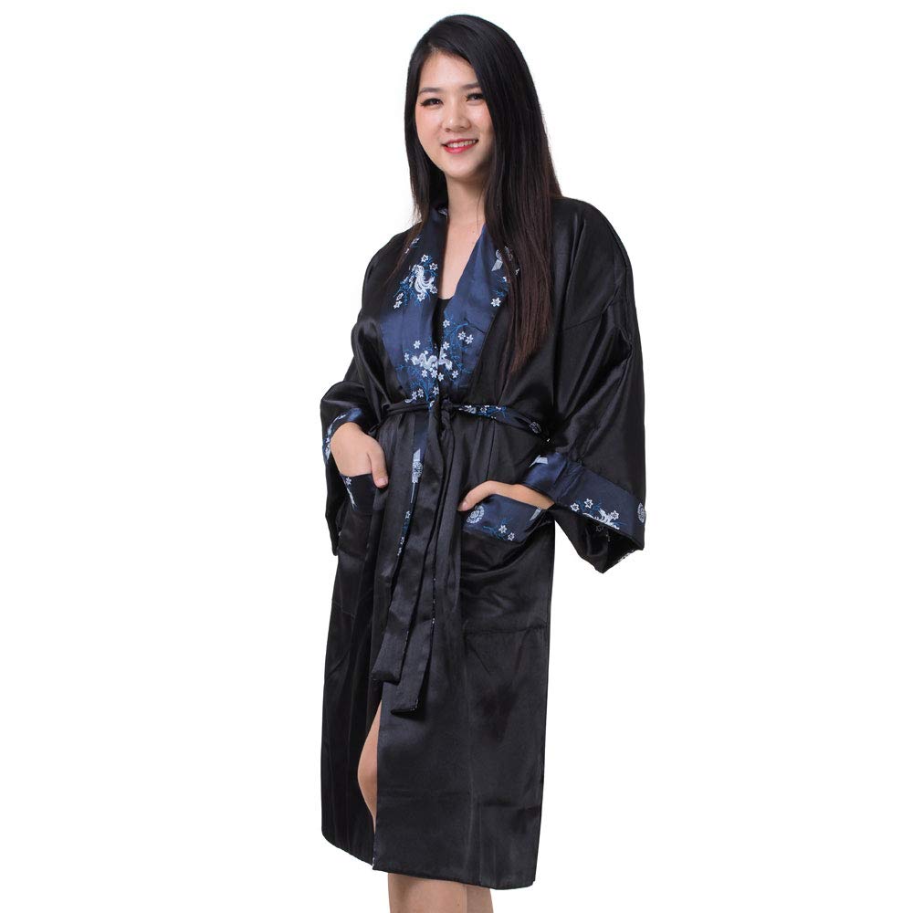 Japanischer Wende-Kimono Satin Morgenmantel für Damen & Herren mit Drachen-Stickerei