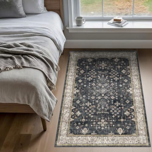 Image of Large 3x5 Entryway Rug Indoor - Washable Non-Slip Low Pile Ultra Soft Area Rug for Large Kitchen, Bedroom Bedside, Mudroom - Distressed Boho Modern Aesthetic Geometric Decor, Ashen /Multi