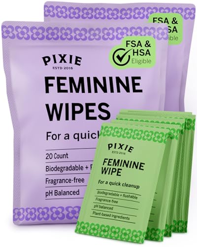 Pixie Feminine Wipes - Flushable Biodegradable & Ph Balanced - Individually Wrapped Packet Wipes for On The Go & Public Bathrooms - Wash & Cleaner For Your Menstrual Cups & Discs (2 Packs of 20)