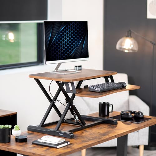 Image of VIVO 26 inch Desk Converter, K Series, Height Adjustable Sit to Stand Riser, Dual Monitor and Laptop Workstation with Keyboard Tray, Rustic Vintage Brown Top, Black Frame, DESK-V026KN
