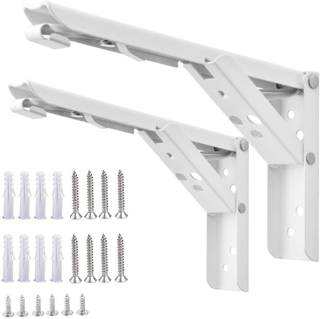 Folding Shelf Brackets 12 inch - Collapsible Shelf Brackets for Fold Down Table Workbench Wall Mounted 2 Pack (White)